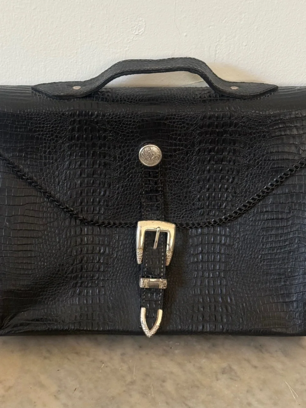 Vintage Black Croc Embossed Leather Briefcase Western Executive Attache